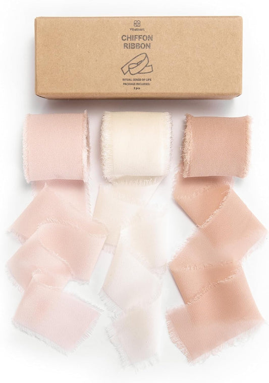 Pink Handmade Chiffon Silk Ribbon Fringe 1.5" x 21 Yd Blush Pink & White Frayed Edges Ribbons for Wedding Invitations Bridal Bouquets Gifts Wrapping Crafts Holiday Party Decorations