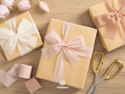 Pink Handmade Chiffon Silk Ribbon Fringe 1.5" x 21 Yd Blush Pink & White Frayed Edges Ribbons for Wedding Invitations Bridal Bouquets Gifts Wrapping Crafts Holiday Party Decorations