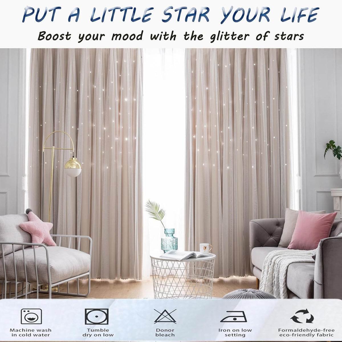 Beige Curtain for Bedroom 63 Inches Long Star Cutout Cute Blackout Nursery