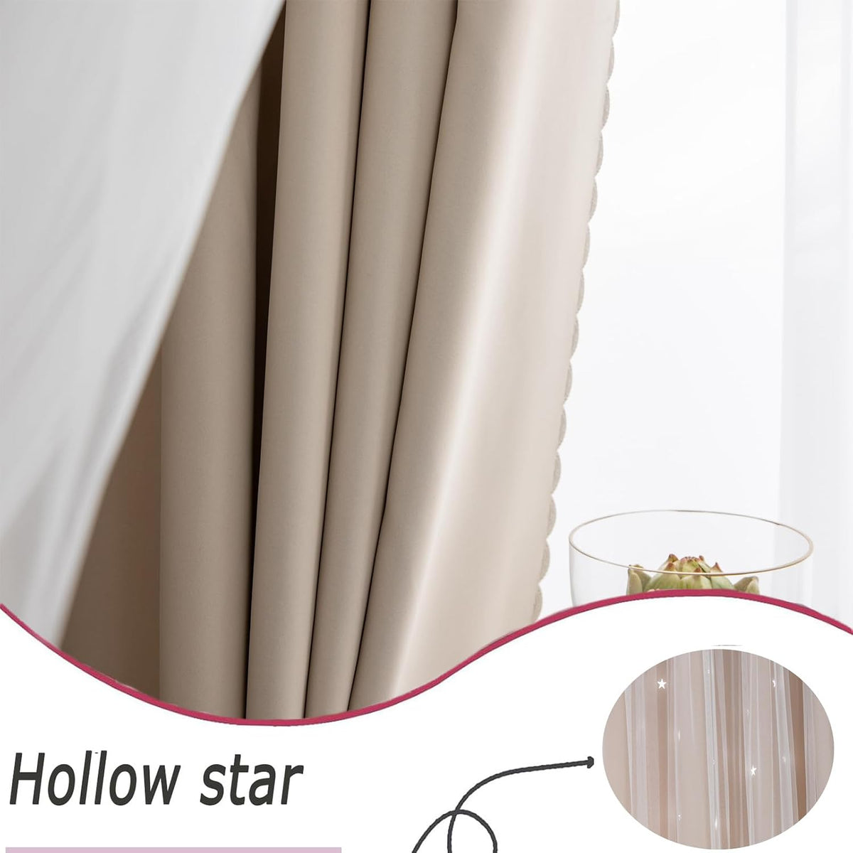 Beige Curtain for Bedroom 63 Inches Long Star Cutout Cute Blackout Nursery