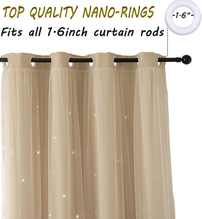 Beige Curtain for Bedroom 63 Inches Long Star Cutout Cute Blackout Nursery