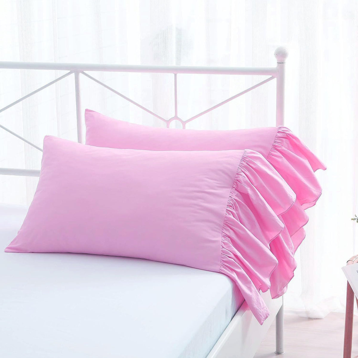 2-Pack Pink Pillow Cases Shams Covers with Long Ruffles Mermaid Fishtail Pure Cotton King Size 20"X36" Boudoir