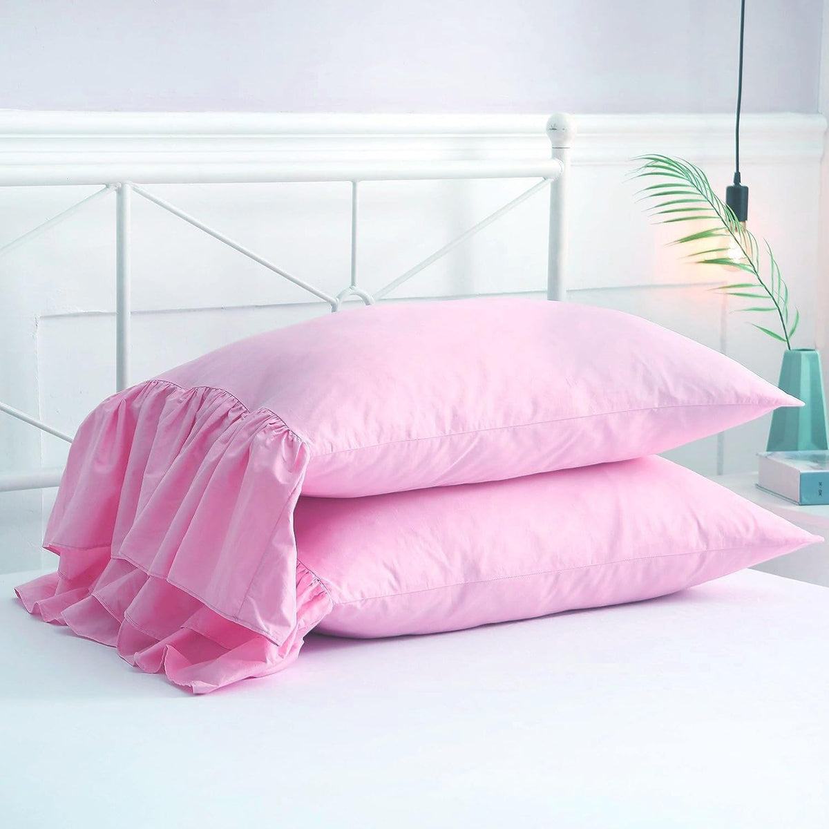 2-Pack Pink Pillow Cases Shams Covers with Long Ruffles Mermaid Fishtail Pure Cotton King Size 20"X36" Boudoir