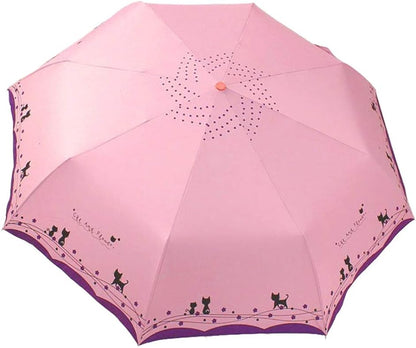 Windproof Compact Travel Folding Cute Cat Umbrella,Auto Open Close Rain&Sun Lightweight Portable Umbrellas with Cover for Kids Women Men