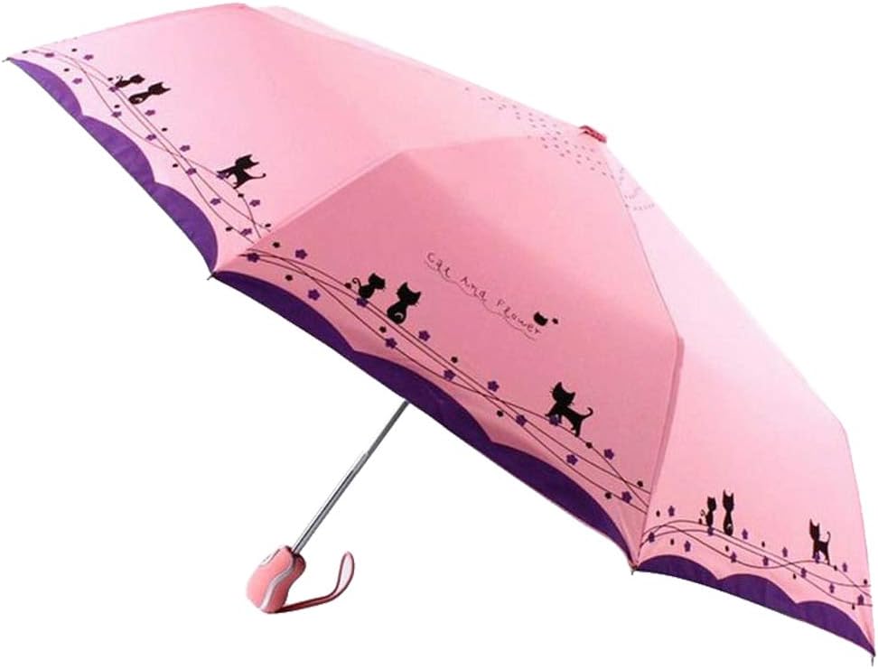 Windproof Compact Travel Folding Cute Cat Umbrella,Auto Open Close Rain&Sun Lightweight Portable Umbrellas with Cover for Kids Women Men
