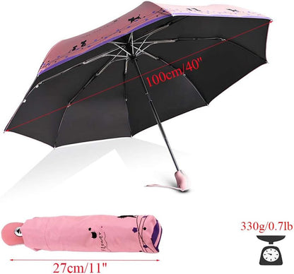 Windproof Compact Travel Folding Cute Cat Umbrella,Auto Open Close Rain&Sun Lightweight Portable Umbrellas with Cover for Kids Women Men