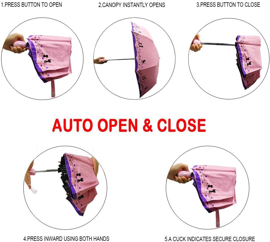 Windproof Compact Travel Folding Cute Cat Umbrella,Auto Open Close Rain&Sun Lightweight Portable Umbrellas with Cover for Kids Women Men