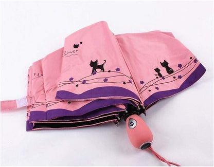 Windproof Compact Travel Folding Cute Cat Umbrella,Auto Open Close Rain&Sun Lightweight Portable Umbrellas with Cover for Kids Women Men