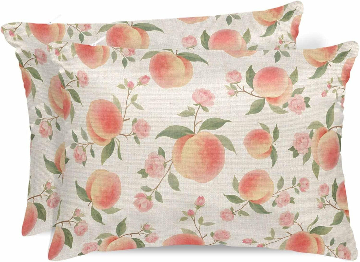 Satin Pillowcases Standard Size, Peach Silk Pillow Cases for Hair and Skin with Zipper 2 Pack, Spring Floral Green Leaf Botanical Pink Fruit Rustic Smooth Throw Pillow Covers for Sleeping, 20"x26"