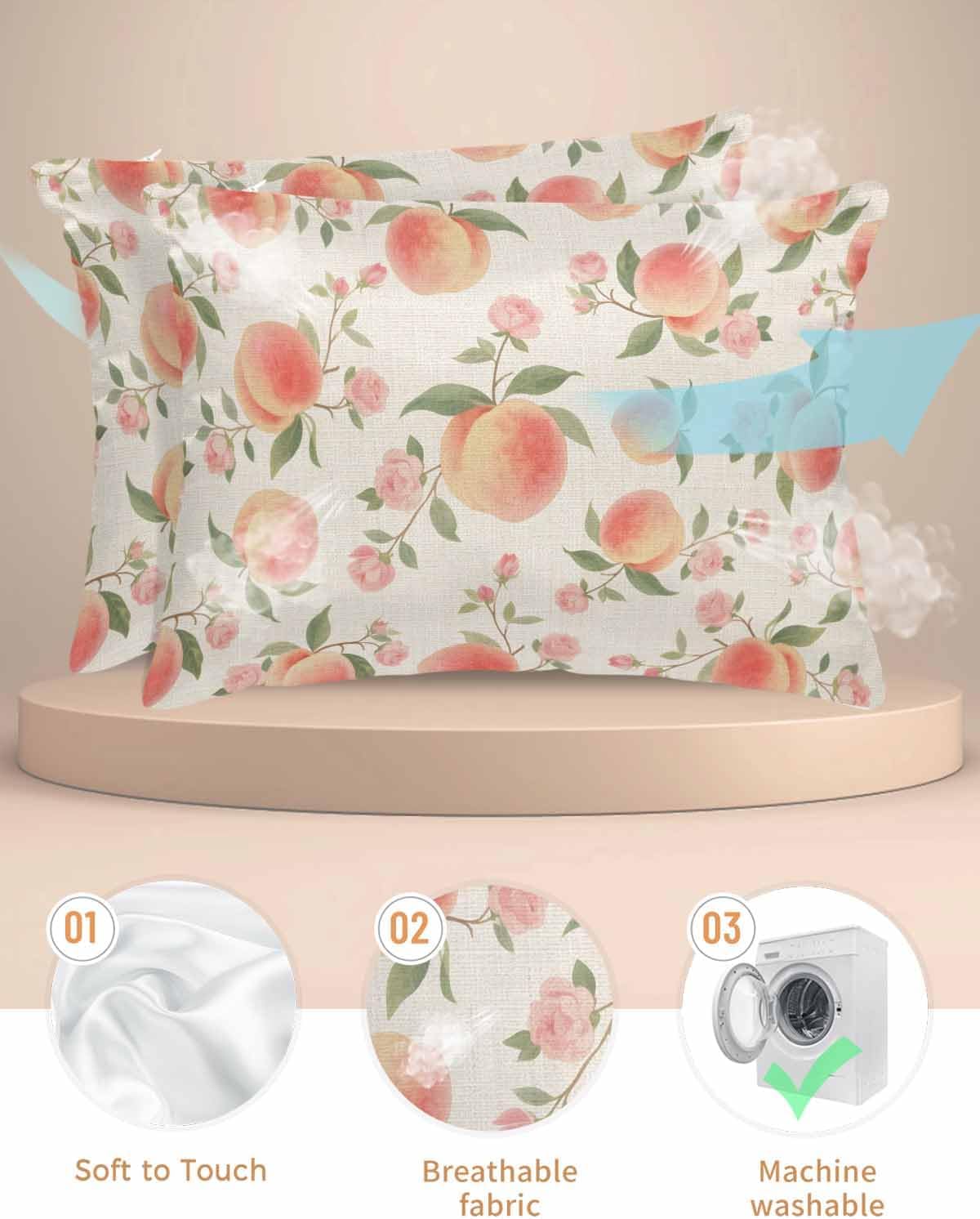 Satin Pillowcases Standard Size, Peach Silk Pillow Cases for Hair and Skin with Zipper 2 Pack, Spring Floral Green Leaf Botanical Pink Fruit Rustic Smooth Throw Pillow Covers for Sleeping, 20"x26"