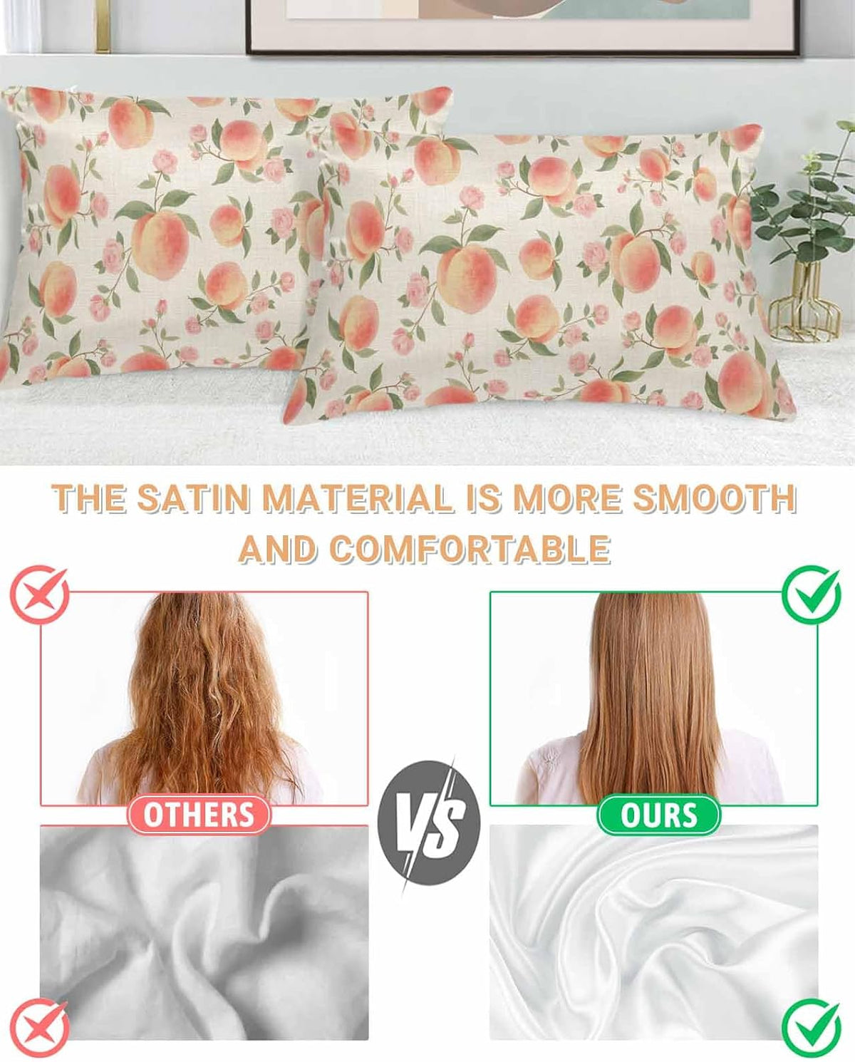 Satin Pillowcases Standard Size, Peach Silk Pillow Cases for Hair and Skin with Zipper 2 Pack, Spring Floral Green Leaf Botanical Pink Fruit Rustic Smooth Throw Pillow Covers for Sleeping, 20"x26"