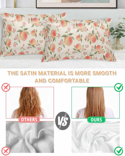 Satin Pillowcases Standard Size, Peach Silk Pillow Cases for Hair and Skin with Zipper 2 Pack, Spring Floral Green Leaf Botanical Pink Fruit Rustic Smooth Throw Pillow Covers for Sleeping, 20"x26"