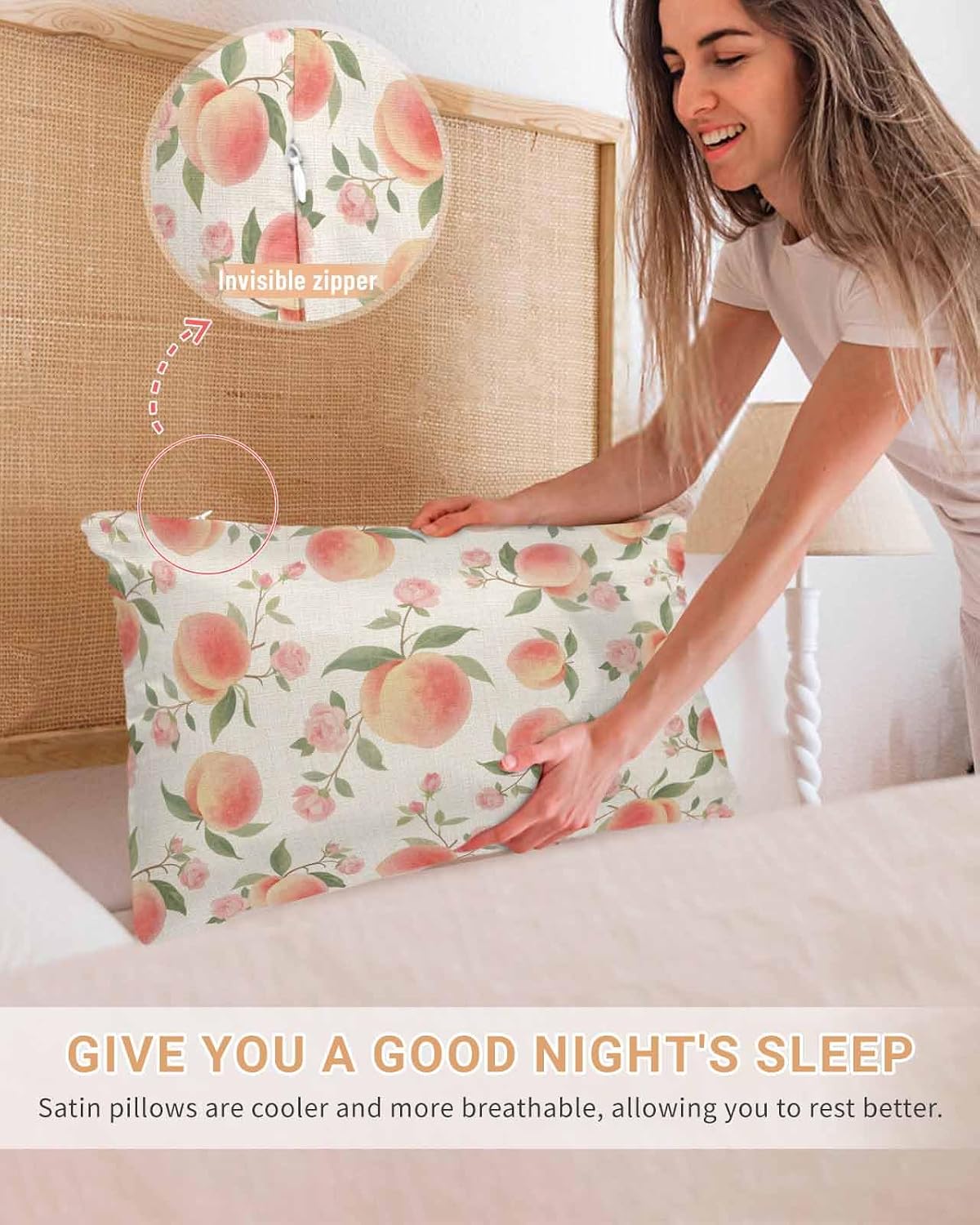 Satin Pillowcases Standard Size, Peach Silk Pillow Cases for Hair and Skin with Zipper 2 Pack, Spring Floral Green Leaf Botanical Pink Fruit Rustic Smooth Throw Pillow Covers for Sleeping, 20"x26"