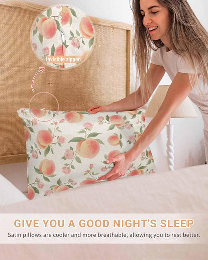 Satin Pillowcases Standard Size, Peach Silk Pillow Cases for Hair and Skin with Zipper 2 Pack, Spring Floral Green Leaf Botanical Pink Fruit Rustic Smooth Throw Pillow Covers for Sleeping, 20"x26"