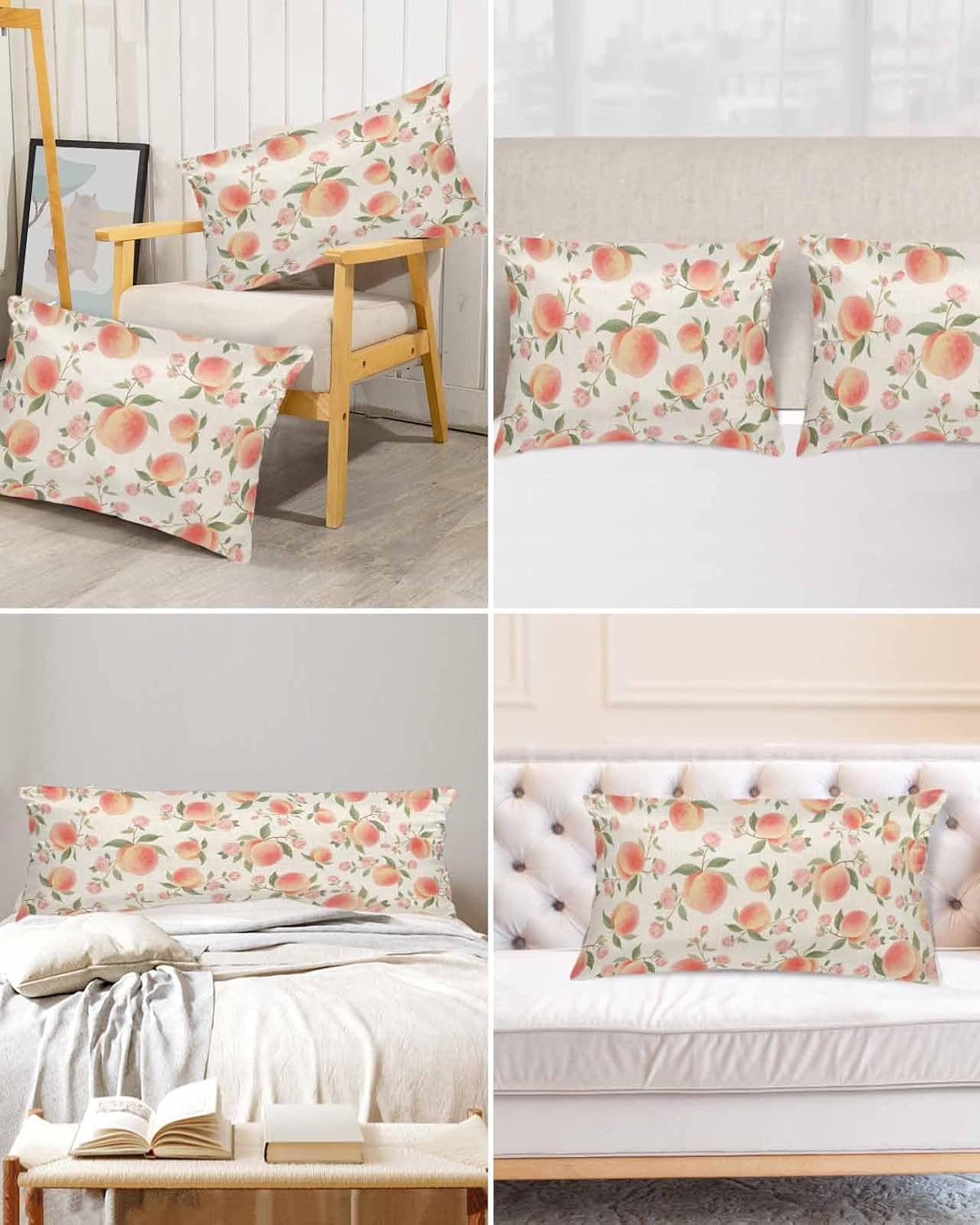 Satin Pillowcases Standard Size, Peach Silk Pillow Cases for Hair and Skin with Zipper 2 Pack, Spring Floral Green Leaf Botanical Pink Fruit Rustic Smooth Throw Pillow Covers for Sleeping, 20"x26"