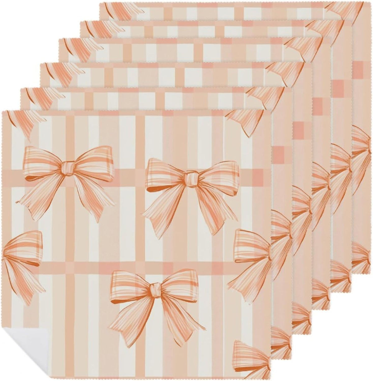 Peach Bows on Plaid Cloth Napkins Set of 6, Square Premium Reusable Washable Polyester Table Linen Napkin for Dinner Party