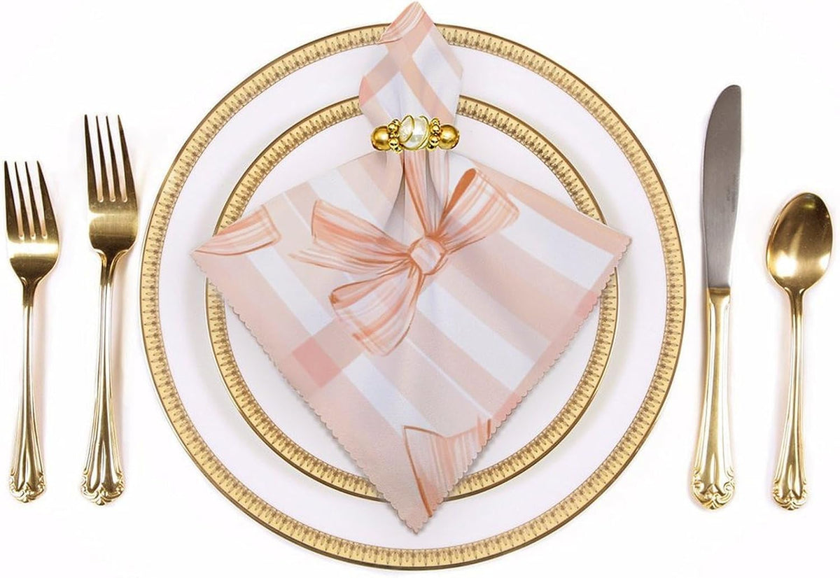 Peach Bows on Plaid Cloth Napkins Set of 6, Square Premium Reusable Washable Polyester Table Linen Napkin for Dinner Party