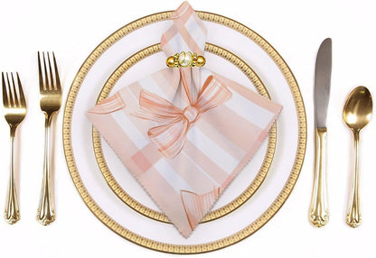 Peach Bows on Plaid Cloth Napkins Set of 6, Square Premium Reusable Washable Polyester Table Linen Napkin for Dinner Party
