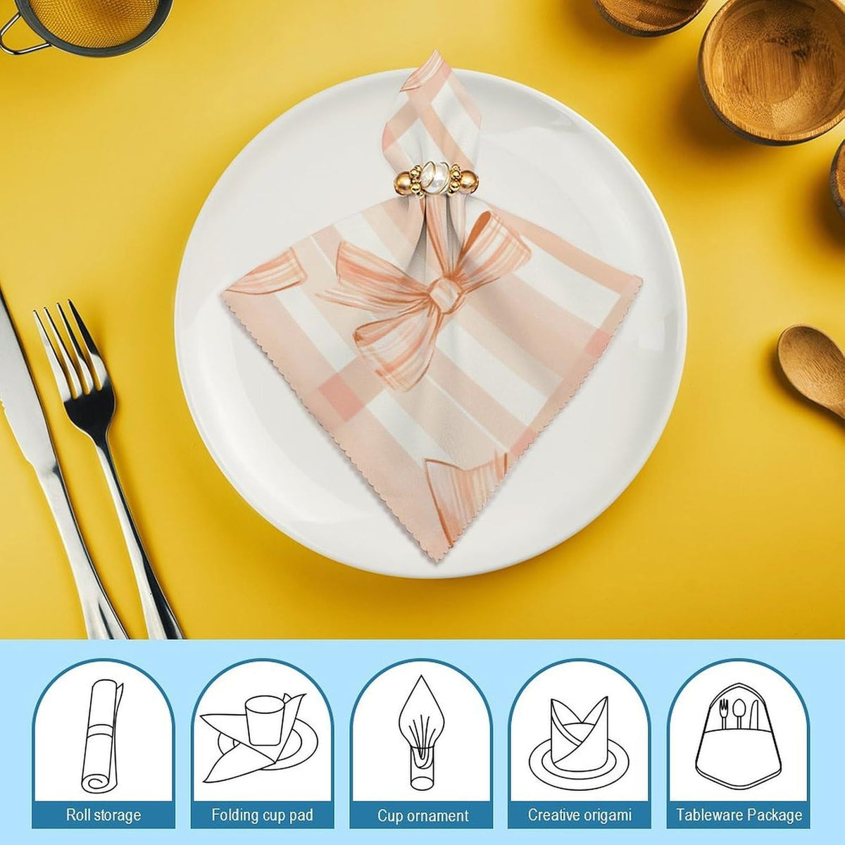 Peach Bows on Plaid Cloth Napkins Set of 6, Square Premium Reusable Washable Polyester Table Linen Napkin for Dinner Party
