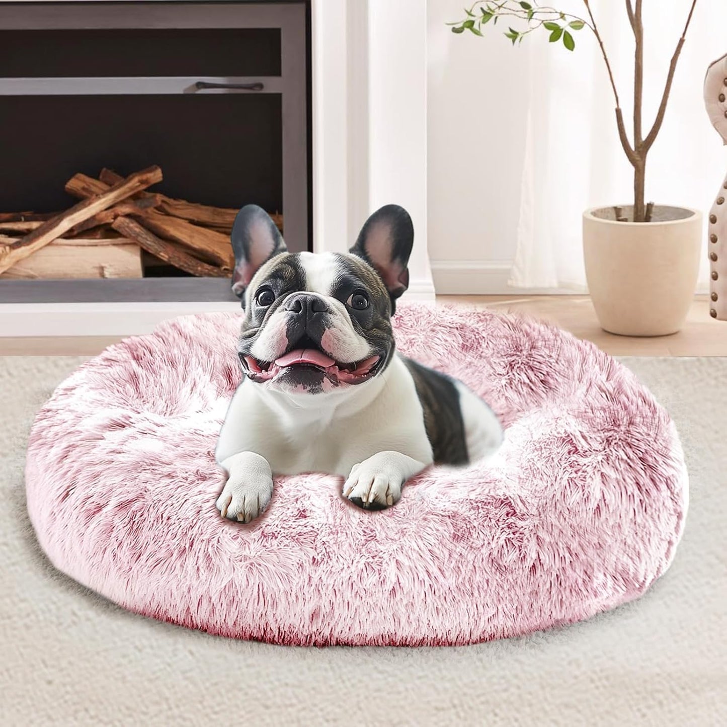 Calming Small Dog & Cat Bed for Indoor Cats - 20 inches Washable Donut Bed for Kittens & Puppies, Anti-Anxiety Round Fluffy Plush Pet Beds (Fits up to 15 lbs, Smoke Pink)