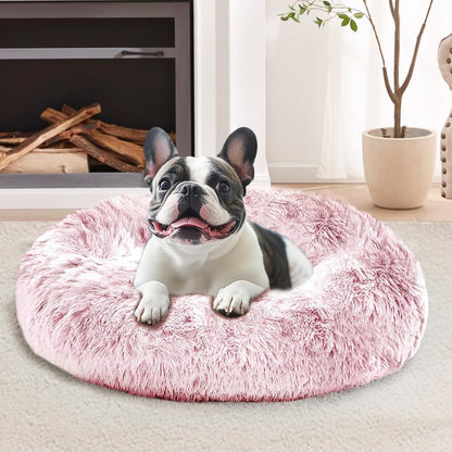 Calming Small Dog & Cat Bed for Indoor Cats - 20 inches Washable Donut Bed for Kittens & Puppies, Anti-Anxiety Round Fluffy Plush Pet Beds (Fits up to 15 lbs, Smoke Pink)