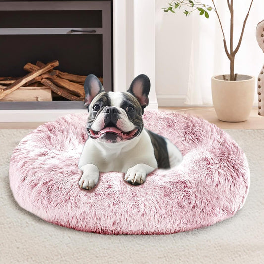 Calming Small Dog & Cat Bed for Indoor Cats - 20 inches Washable Donut Bed for Kittens & Puppies, Anti-Anxiety Round Fluffy Plush Pet Beds (Fits up to 15 lbs, Smoke Pink)
