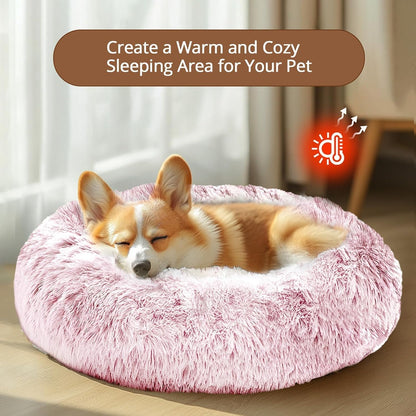 Calming Small Dog & Cat Bed for Indoor Cats - 20 inches Washable Donut Bed for Kittens & Puppies, Anti-Anxiety Round Fluffy Plush Pet Beds (Fits up to 15 lbs, Smoke Pink)