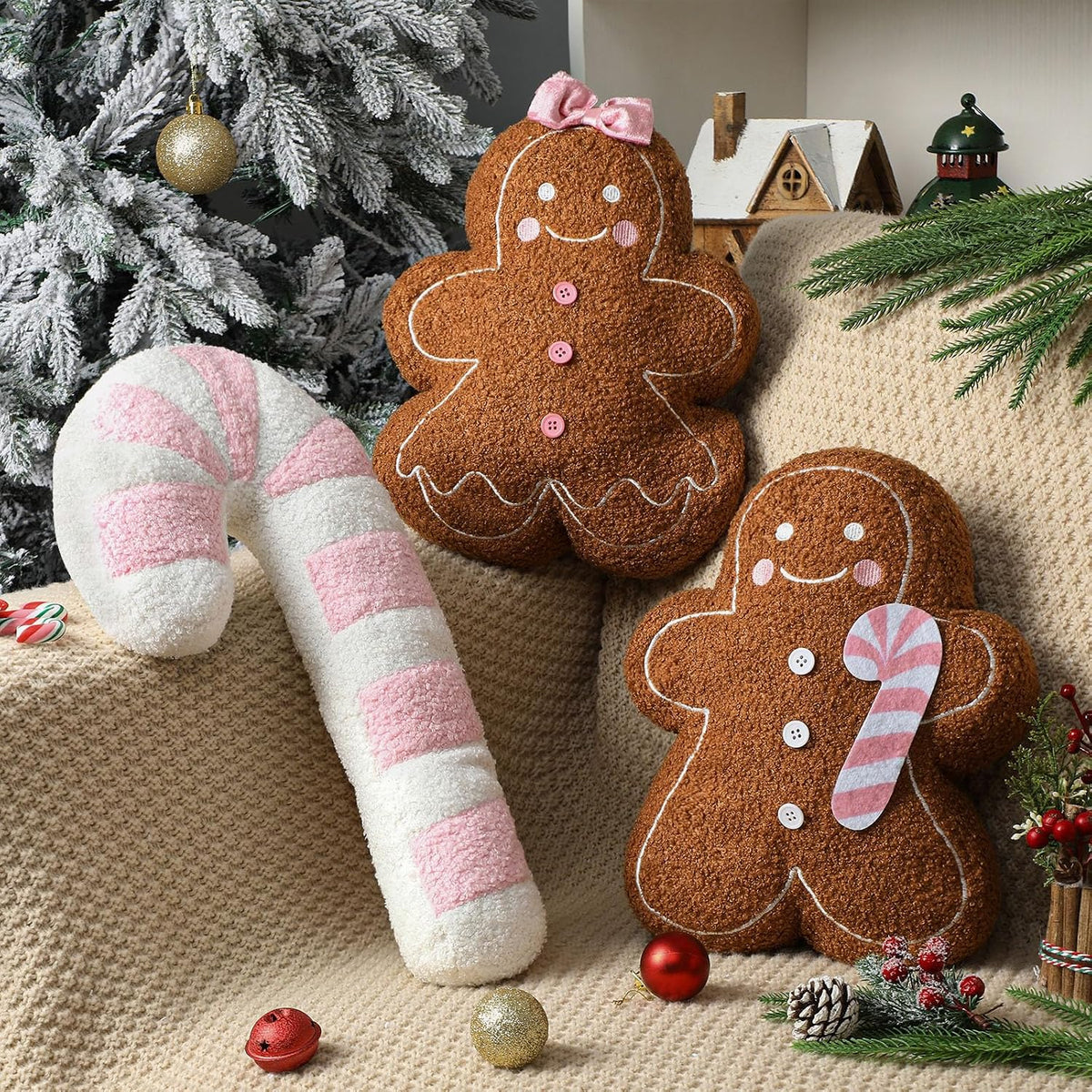 3 Pcs Pink Christmas Gingerbread Pillows Pink Candy Cane House Man Throw Pillows Stuffed Gingerbread Shaped Pillow for Xmas Sofa Couch Cushion Bed Home Winter Party Decor