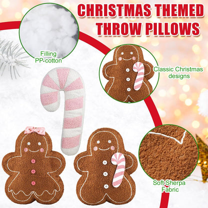 3 Pcs Pink Christmas Gingerbread Pillows Pink Candy Cane House Man Throw Pillows Stuffed Gingerbread Shaped Pillow for Xmas Sofa Couch Cushion Bed Home Winter Party Decor