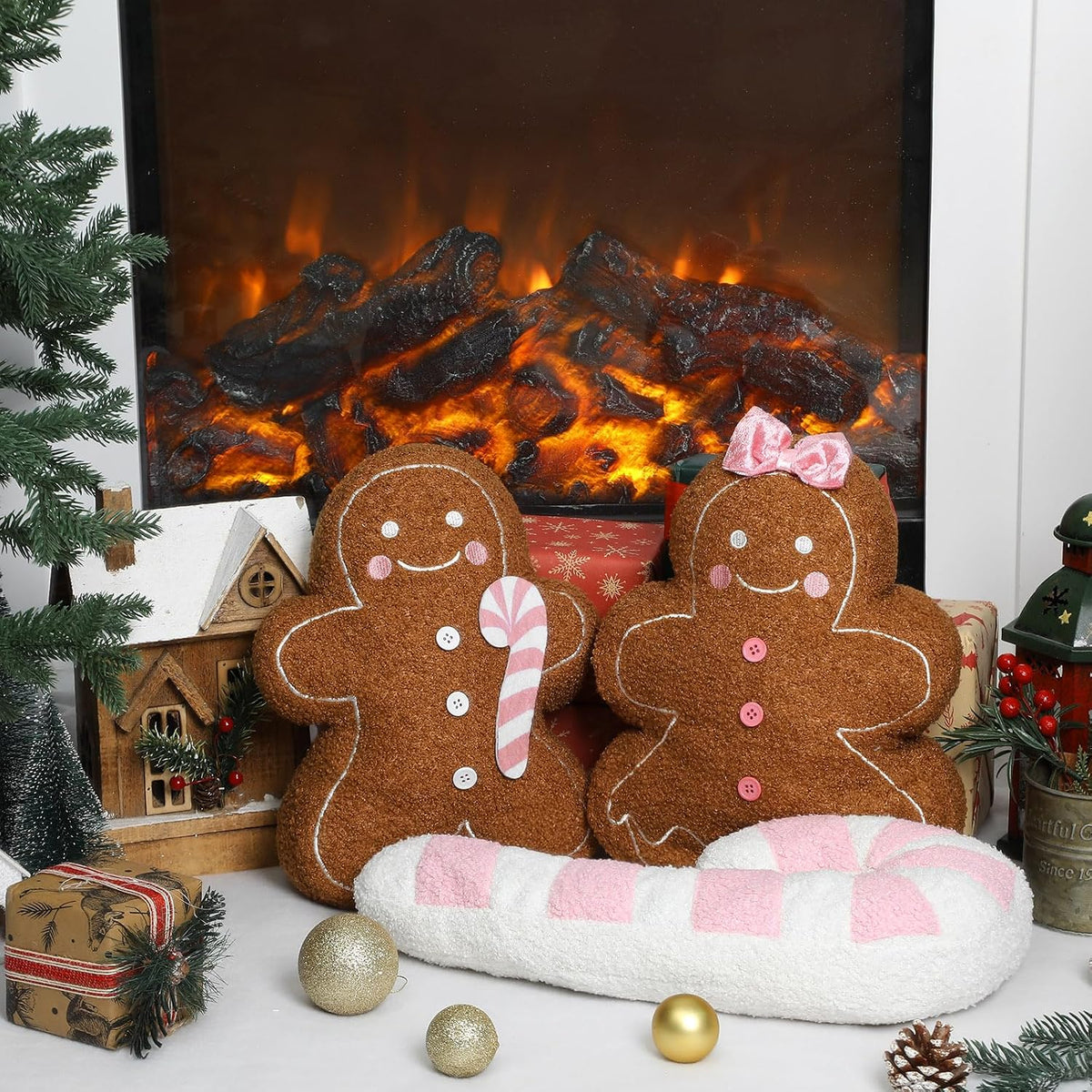 3 Pcs Pink Christmas Gingerbread Pillows Pink Candy Cane House Man Throw Pillows Stuffed Gingerbread Shaped Pillow for Xmas Sofa Couch Cushion Bed Home Winter Party Decor