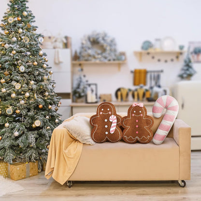 3 Pcs Pink Christmas Gingerbread Pillows Pink Candy Cane House Man Throw Pillows Stuffed Gingerbread Shaped Pillow for Xmas Sofa Couch Cushion Bed Home Winter Party Decor