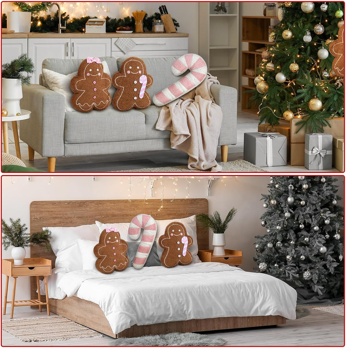 3 Pcs Pink Christmas Gingerbread Pillows Pink Candy Cane House Man Throw Pillows Stuffed Gingerbread Shaped Pillow for Xmas Sofa Couch Cushion Bed Home Winter Party Decor
