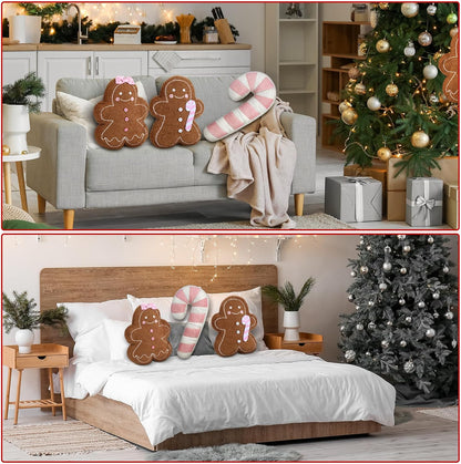 3 Pcs Pink Christmas Gingerbread Pillows Pink Candy Cane House Man Throw Pillows Stuffed Gingerbread Shaped Pillow for Xmas Sofa Couch Cushion Bed Home Winter Party Decor