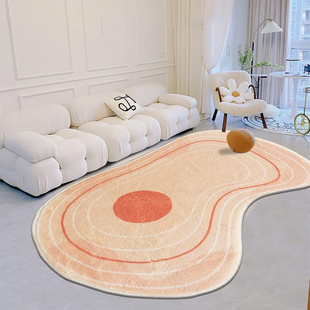 Peach Washable 2x3 Irregular Shape Rug Soft Fluffy Modern Living Room Bedroom Diningroom Carpet Circle Line Abstract Hallway Aesthetic Area Rug