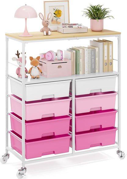 Rolling Storage Cart with 8 Large Drawers, Wooden Tabletop