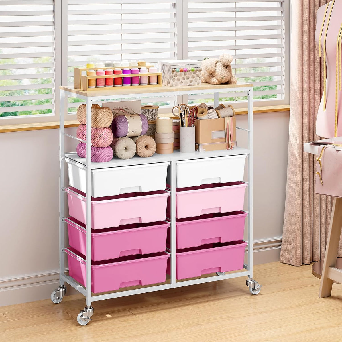Rolling Storage Cart with 8 Large Drawers, Wooden Tabletop