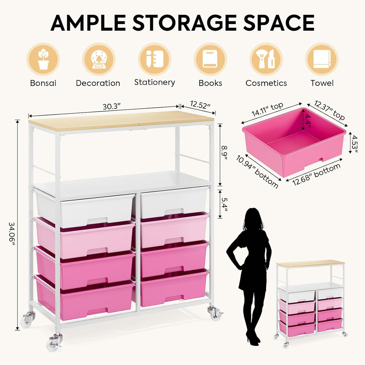 Rolling Storage Cart with 8 Large Drawers, Wooden Tabletop