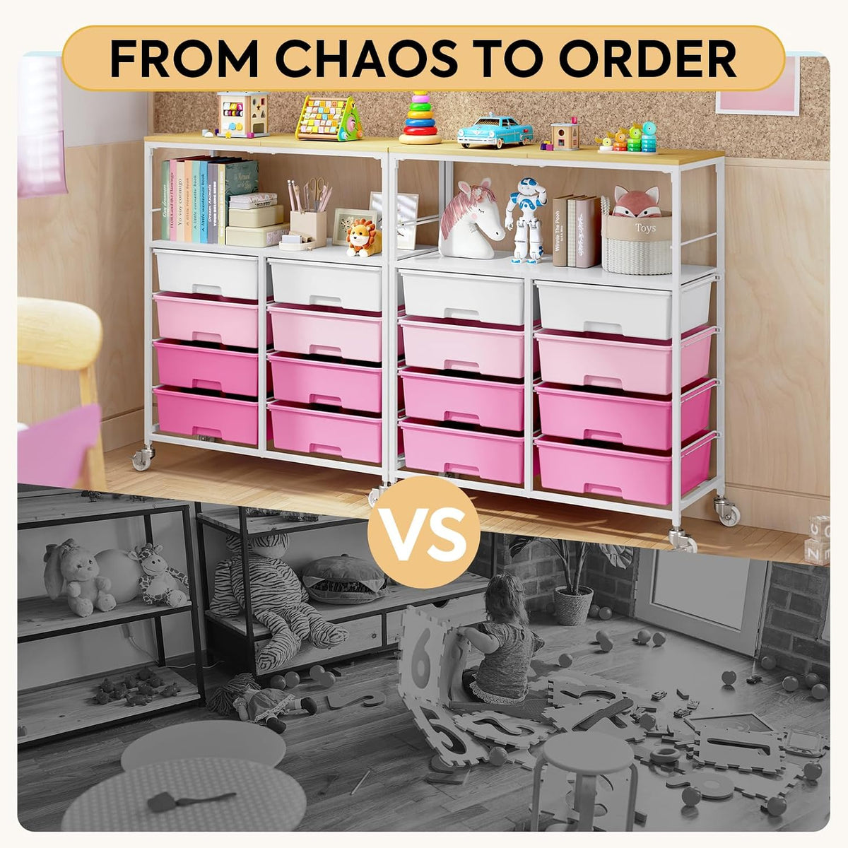 Rolling Storage Cart with 8 Large Drawers, Wooden Tabletop