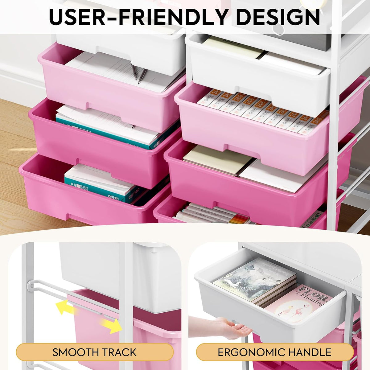 Rolling Storage Cart with 8 Large Drawers, Wooden Tabletop