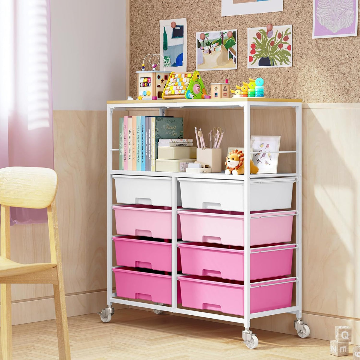 Rolling Storage Cart with 8 Large Drawers, Wooden Tabletop