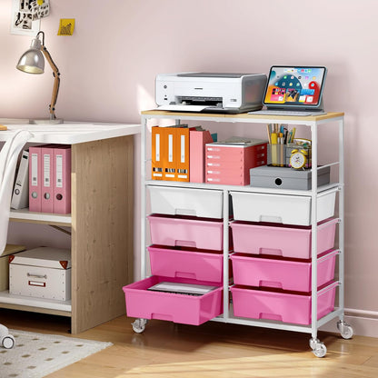 Rolling Storage Cart with 8 Large Drawers, Wooden Tabletop