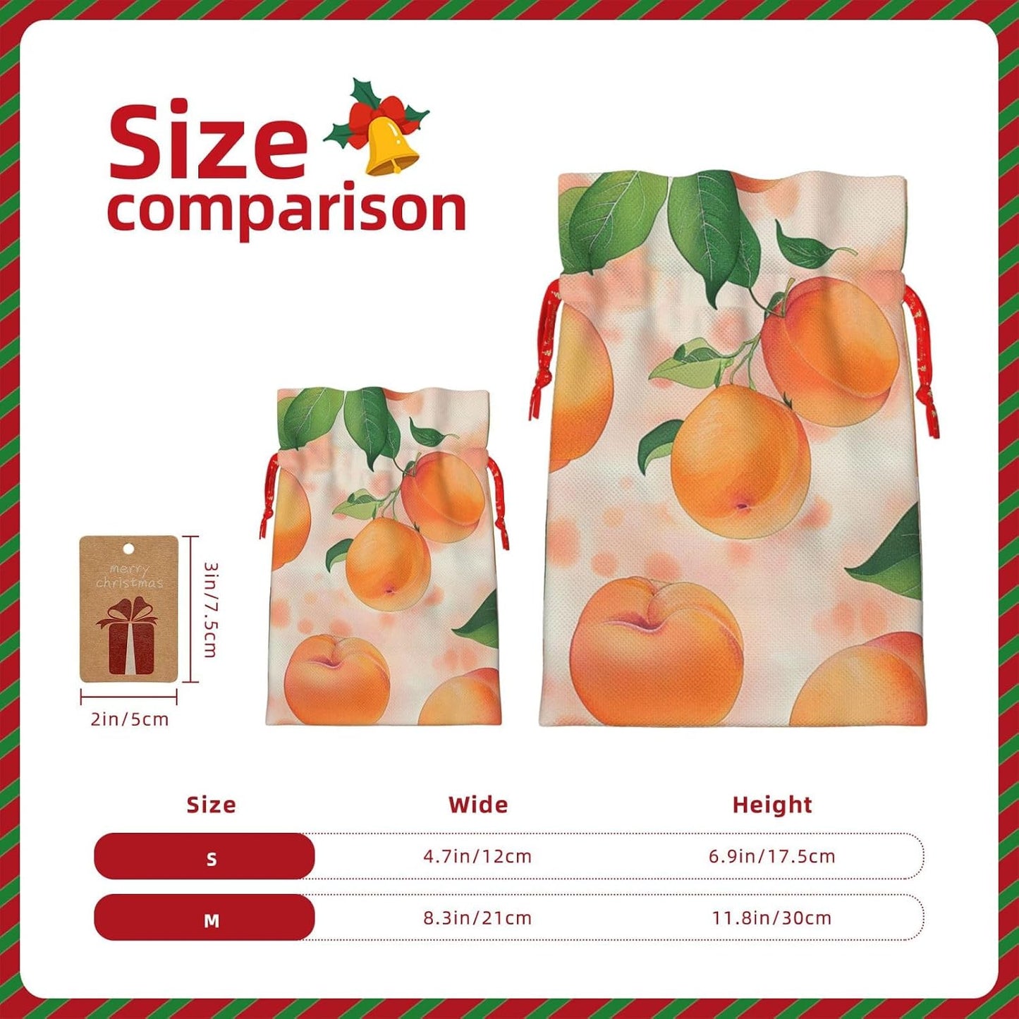 BEIVGOXL Peach Printed Drawstring Burlap Gift Bag - Eco-Friendly, Delicate Design Reusable Pouches, For Christmas,Birthday Wedding Party Supplies 11.8x8.3inch