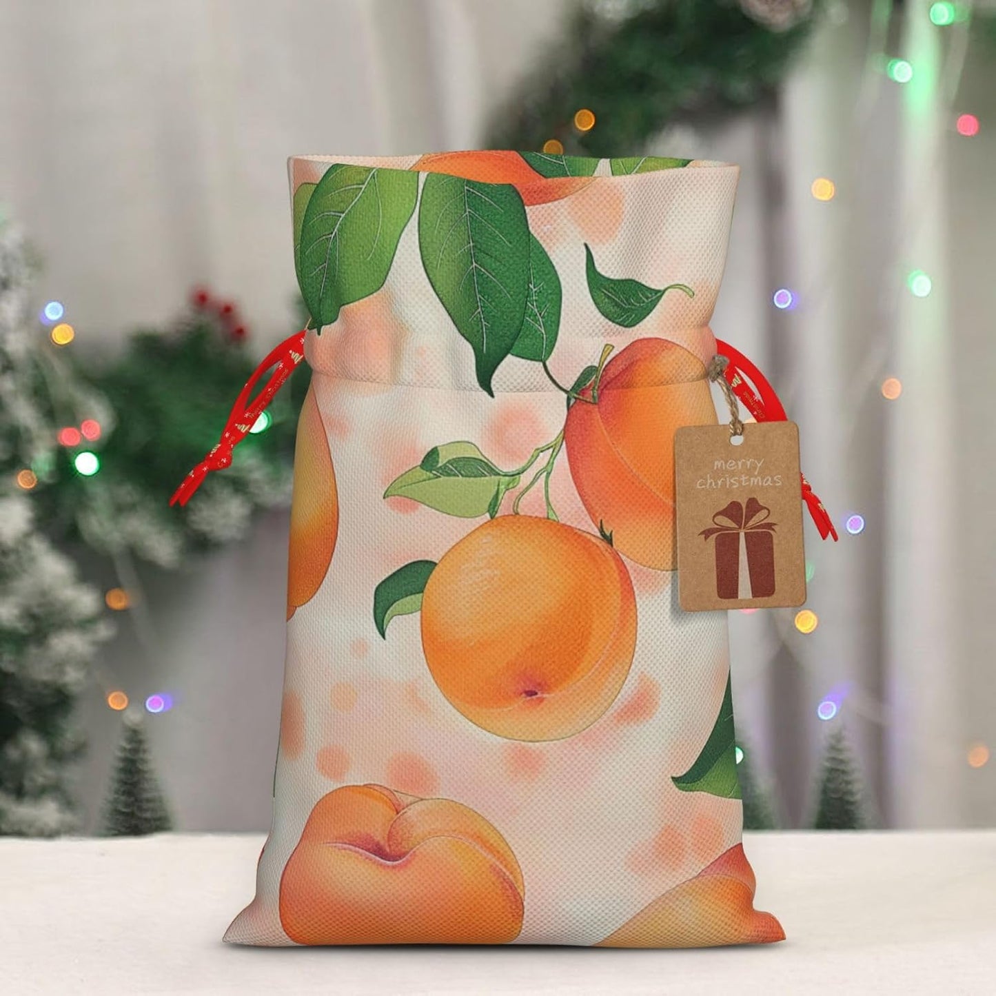 BEIVGOXL Peach Printed Drawstring Burlap Gift Bag - Eco-Friendly, Delicate Design Reusable Pouches, For Christmas,Birthday Wedding Party Supplies 11.8x8.3inch