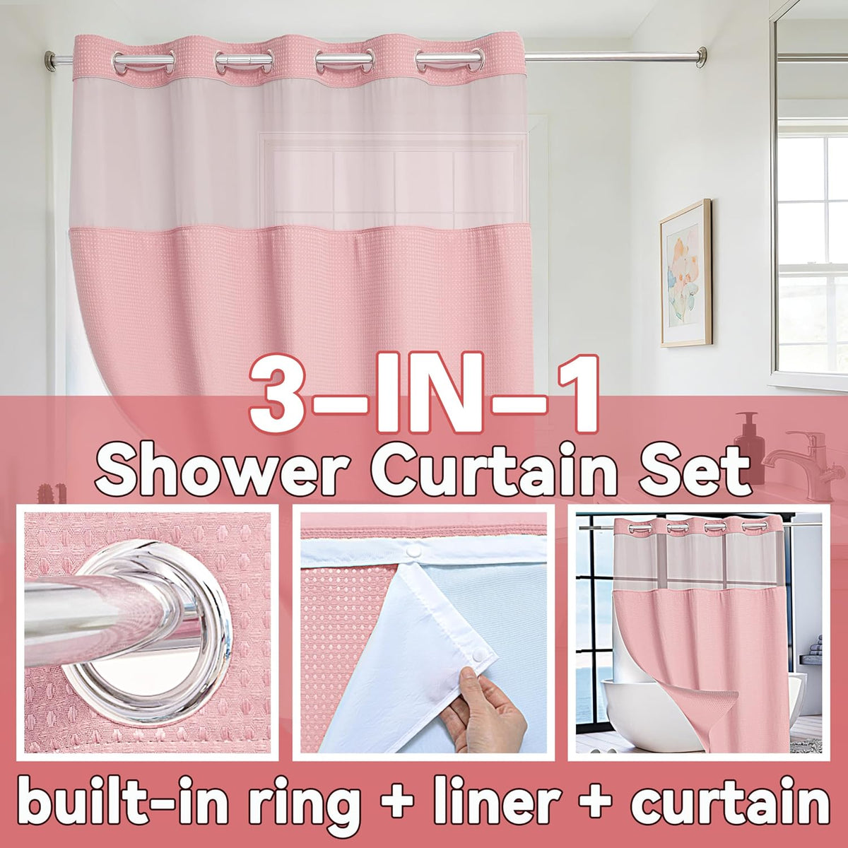 No Hook Waffle Weave Shower Curtain with Snap in Liner Set, Hotel Luxury Pink Shower Curtains for Bathroom with See Through Top Window, Waterproof, Washable 71W x 74H