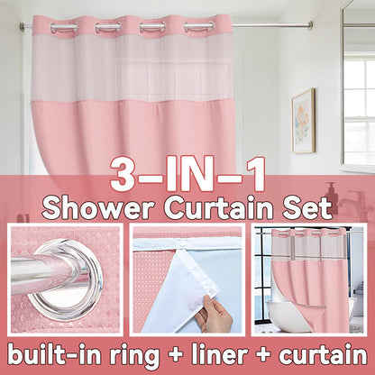 No Hook Waffle Weave Shower Curtain with Snap in Liner Set, Hotel Luxury Pink Shower Curtains for Bathroom with See Through Top Window, Waterproof, Washable 71W x 74H