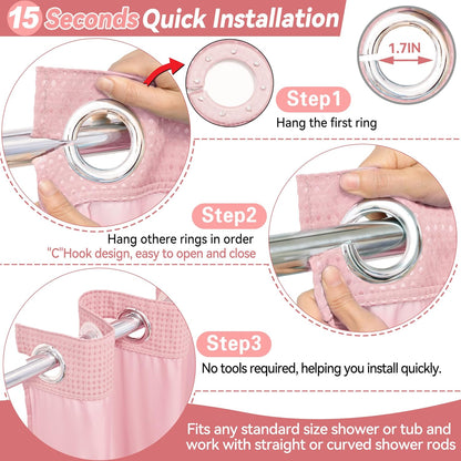 No Hook Waffle Weave Shower Curtain with Snap in Liner Set, Hotel Luxury Pink Shower Curtains for Bathroom with See Through Top Window, Waterproof, Washable 71W x 74H