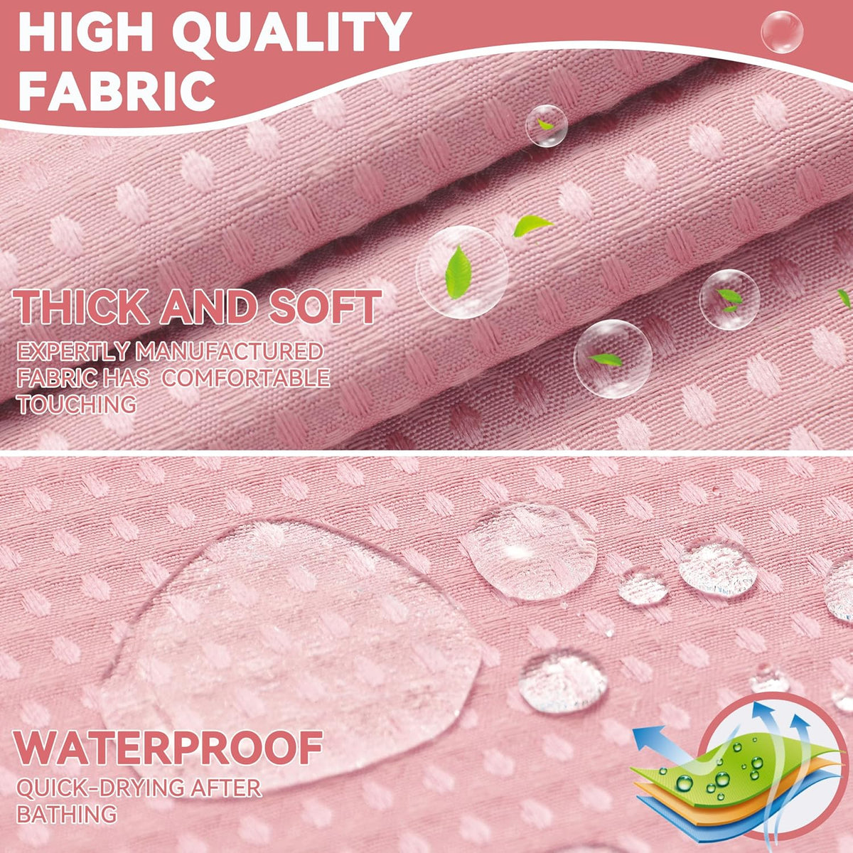 No Hook Waffle Weave Shower Curtain with Snap in Liner Set, Hotel Luxury Pink Shower Curtains for Bathroom with See Through Top Window, Waterproof, Washable 71W x 74H