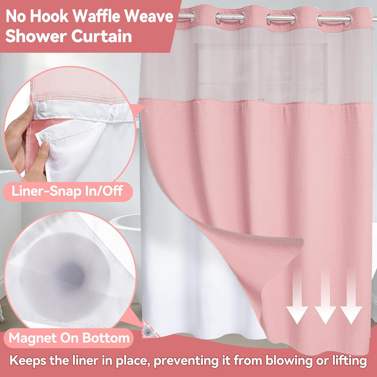 No Hook Waffle Weave Shower Curtain with Snap in Liner Set, Hotel Luxury Pink Shower Curtains for Bathroom with See Through Top Window, Waterproof, Washable 71W x 74H