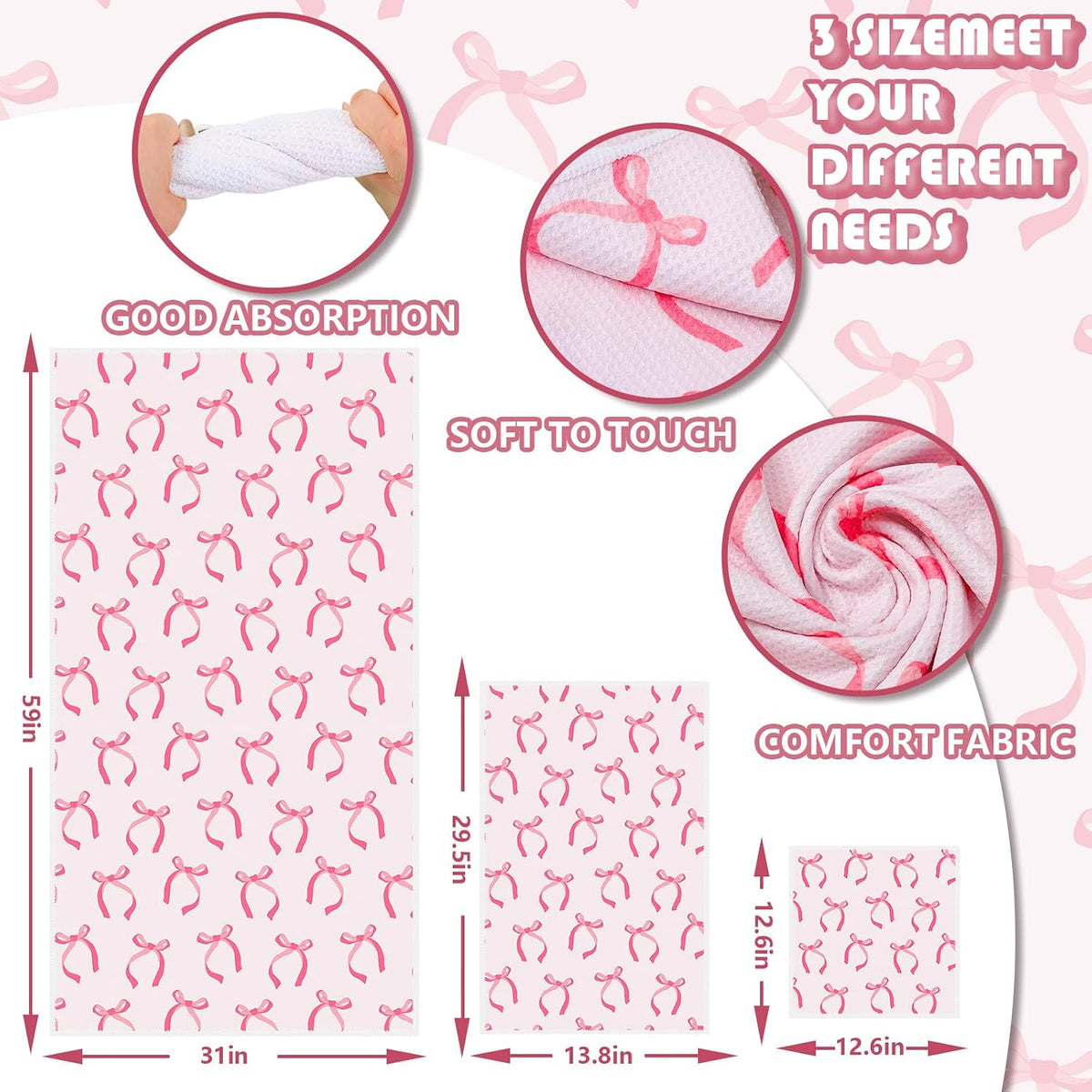 Pink Bow Bathroom Towels Set of 3 Watercolor Bowknot Coquette Absorbent Towels Bath Hand Towel Wash Cloth for Beach Swim Shower Drying