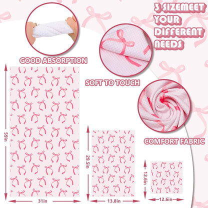 Pink Bow Bathroom Towels Set of 3 Watercolor Bowknot Coquette Absorbent Towels Bath Hand Towel Wash Cloth for Beach Swim Shower Drying